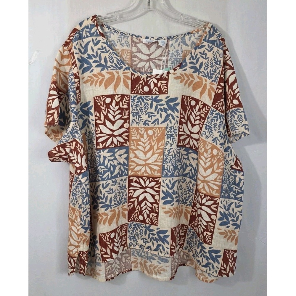 NWT Sigrid Olsen Sz 3X 100% Linen Short Sleeve Top Pullover Color Block Floral